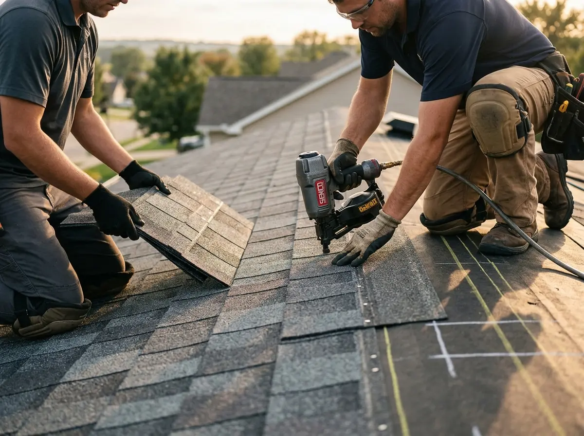 Professional roofer working on a residential roof in Seneca